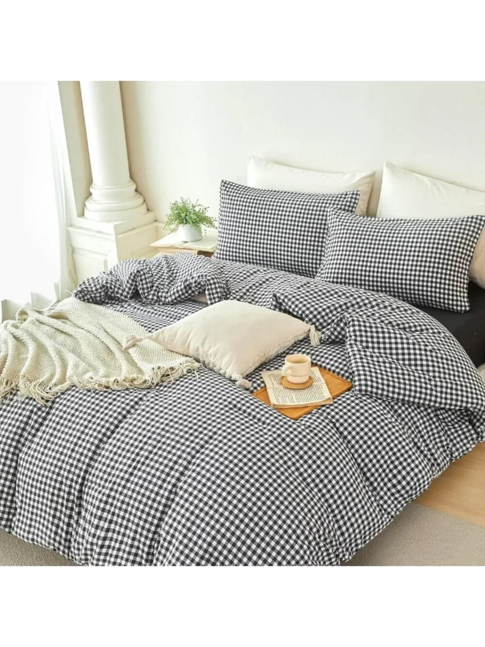 Stylish Twin Black & White Gingham 5-Piece Bedding Set - Plaid Comforter